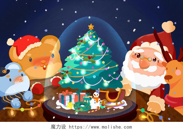 节日手绘圣诞老人与小动物圣诞节背景海报素材